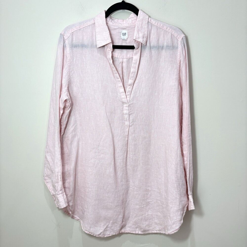 Gap 100% Linen Henley Top Women L Pastel Pink Popover Coastal Beach Resort
